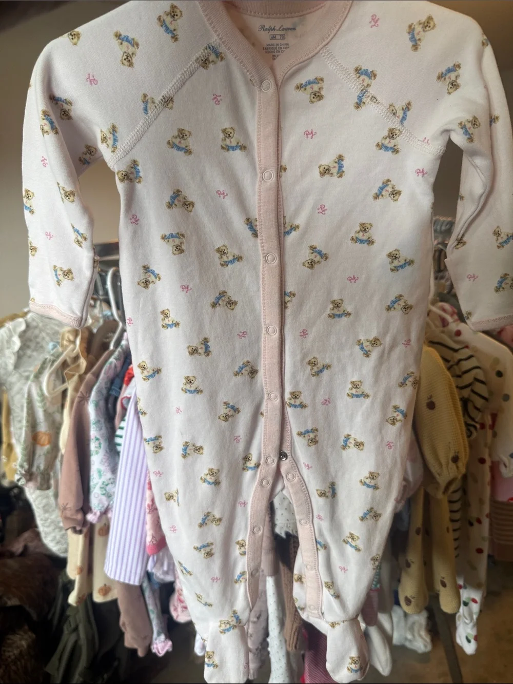 Ralph Lauren Light Pink Teddy Bear Print Footed Onesie